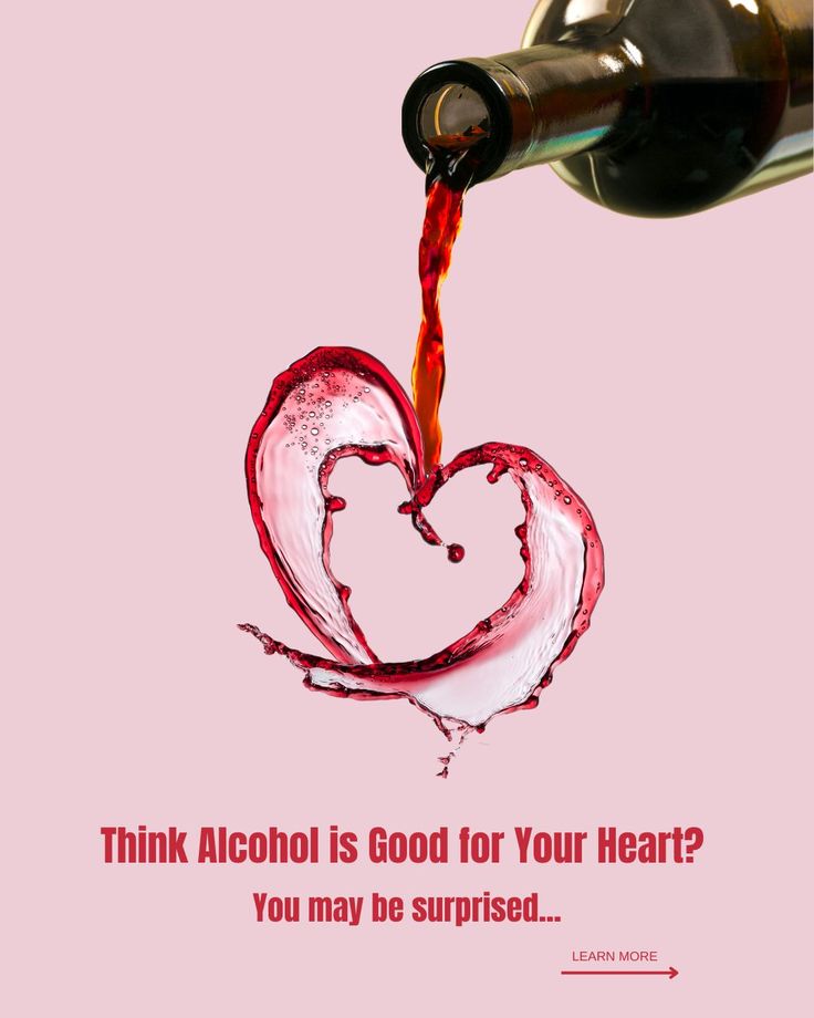 Wine pouring into heart shape with a message questioning alcohol's heart benefits.
