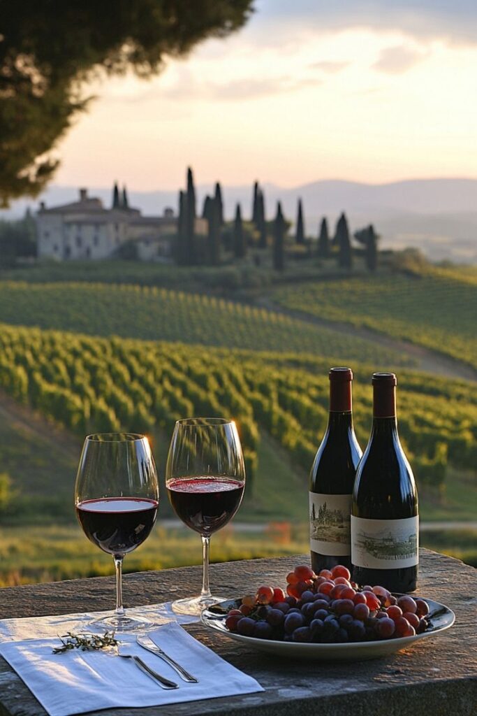 Scenic vineyard view with wine glasses, bottles, and grapes on a table, ideal for wine-tasting experiences.