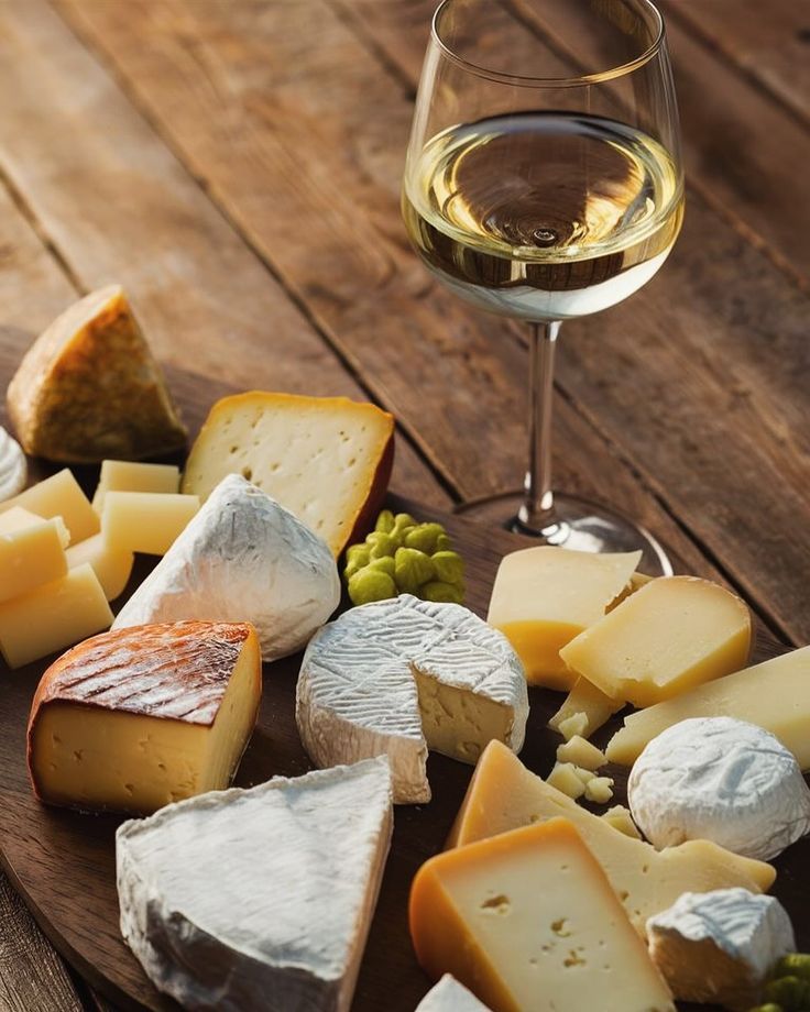 Assorted cheeses and a glass of white wine on a rustic wooden table, perfect for a gourmet tasting experience.