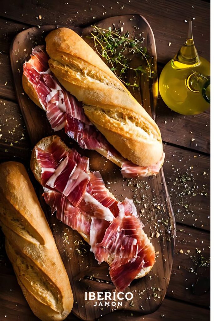 Delicious Iberico ham baguette with fresh herbs and olive oil on a rustic wooden board.