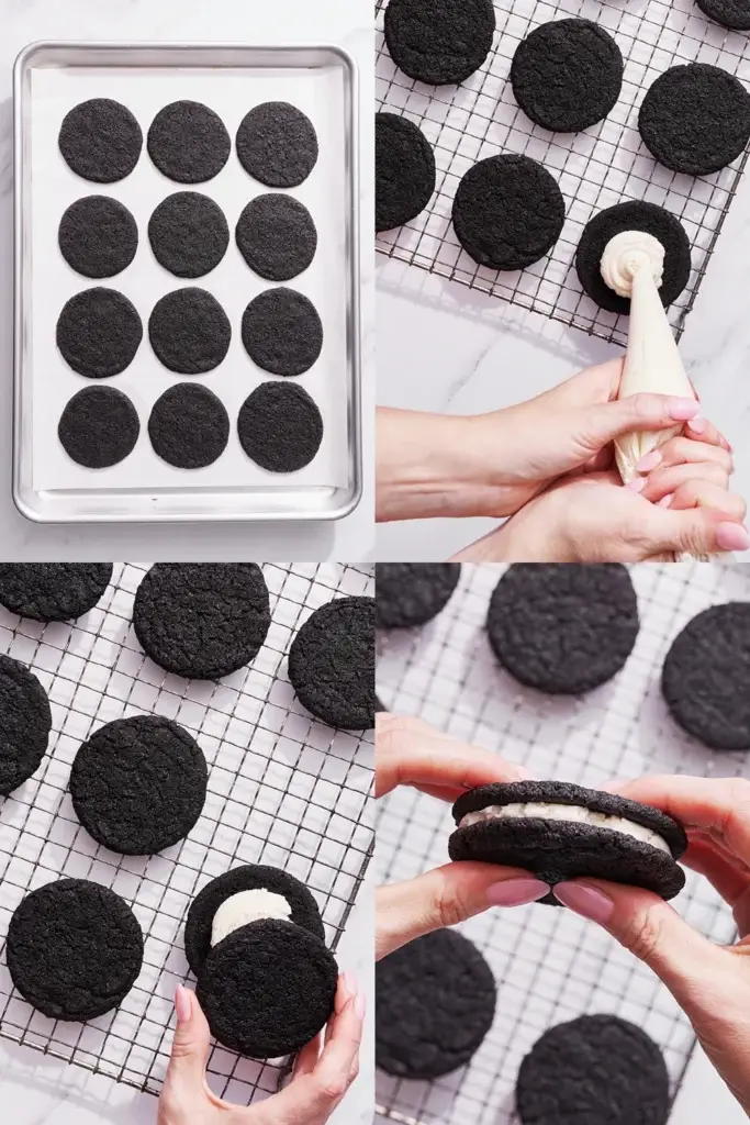 Step-by-step process of assembling black cookie sandwiches with cream filling on a wire rack.
