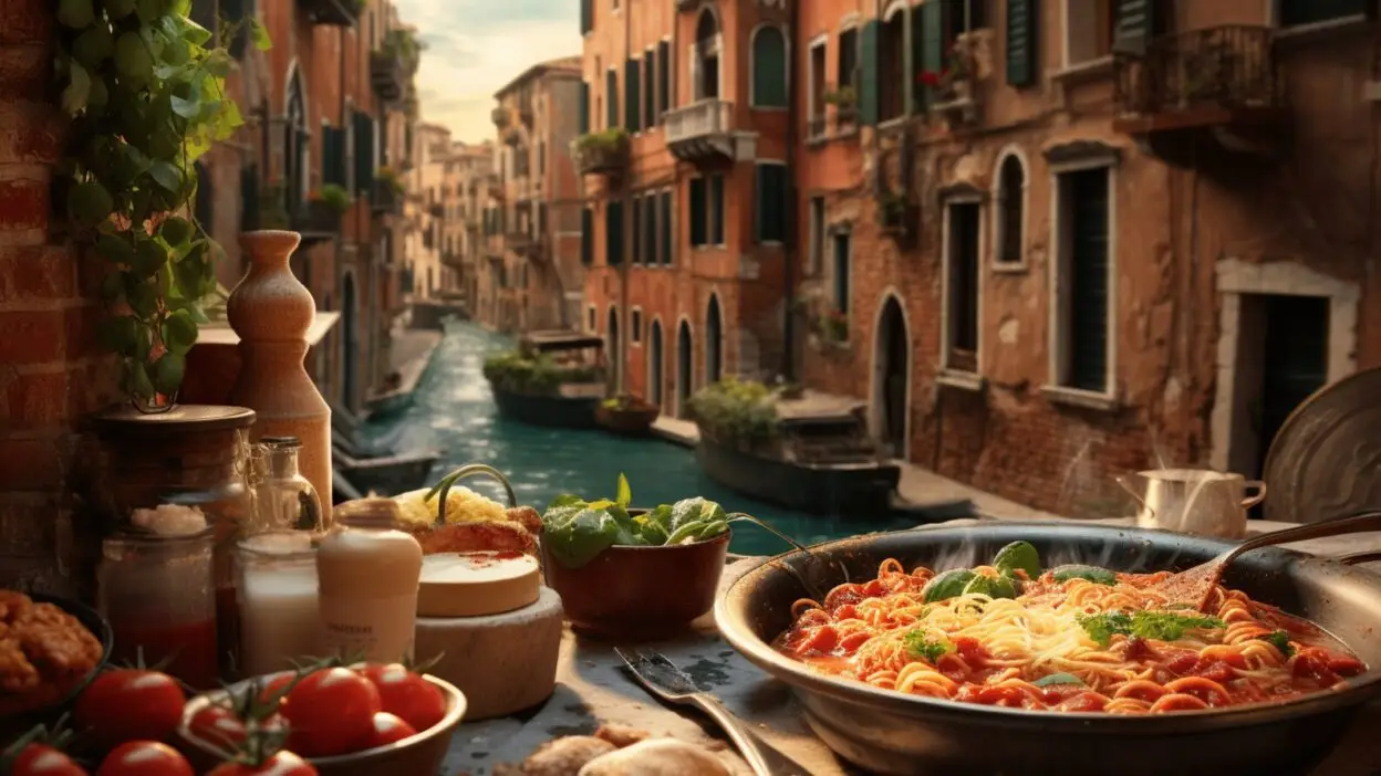 Italian pasta dish by a Venetian canal, surrounded by fresh ingredients and rustic buildings in the background.