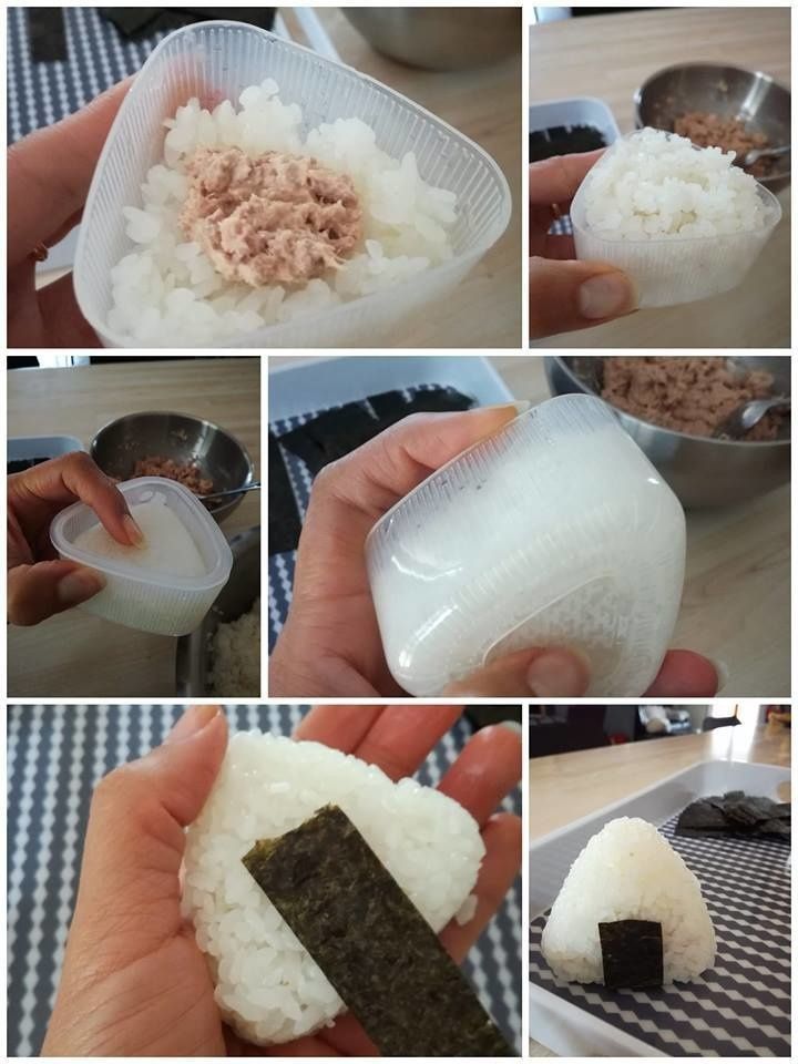 Steps to make a triangular onigiri with tuna filling and seaweed wrap, using a plastic mold.