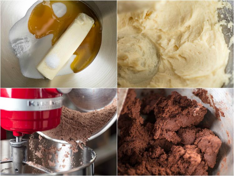 Baking process collage: mixing butter, sugar, eggs, adding dry mix, and forming chocolate dough.