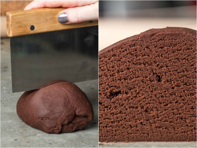Chocolate pastry dough and sliced cake texture close-up; showcasing baking process and results.