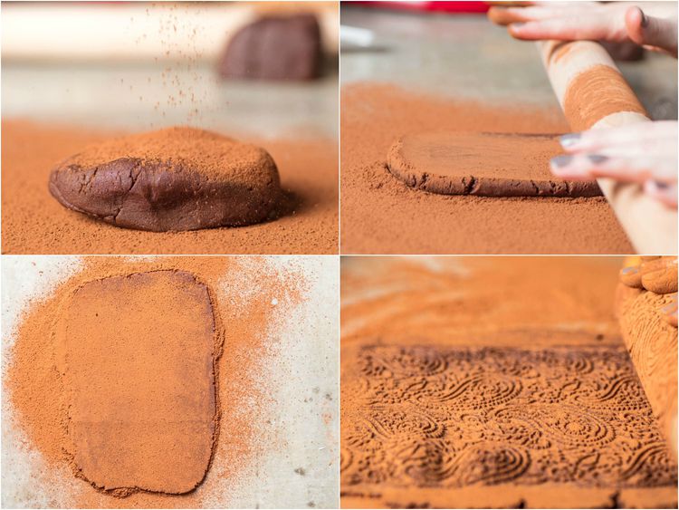 Steps of creating patterned clay crafts: cocoa powder, rolling, flattening, and imprinting with intricate designs.