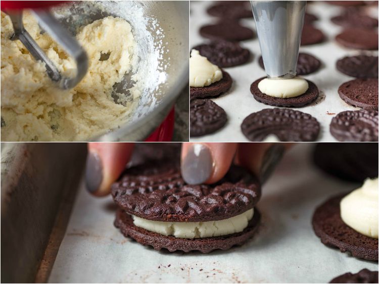 Baking homemade chocolate sandwich cookies with creamy vanilla filling shown in process steps.