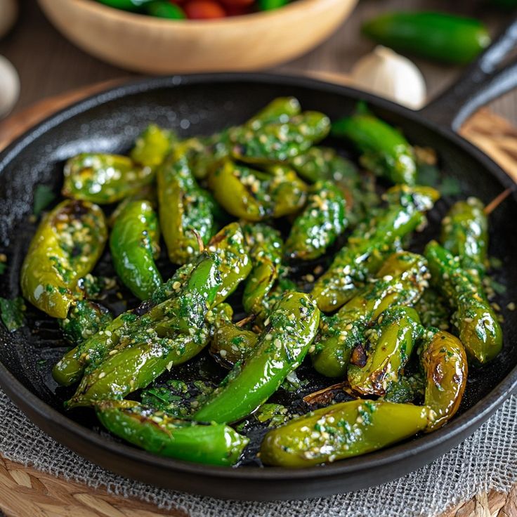 Grilled shishito peppers in a cast-iron skillet with garlic butter seasoning, perfect for a savory appetizer.