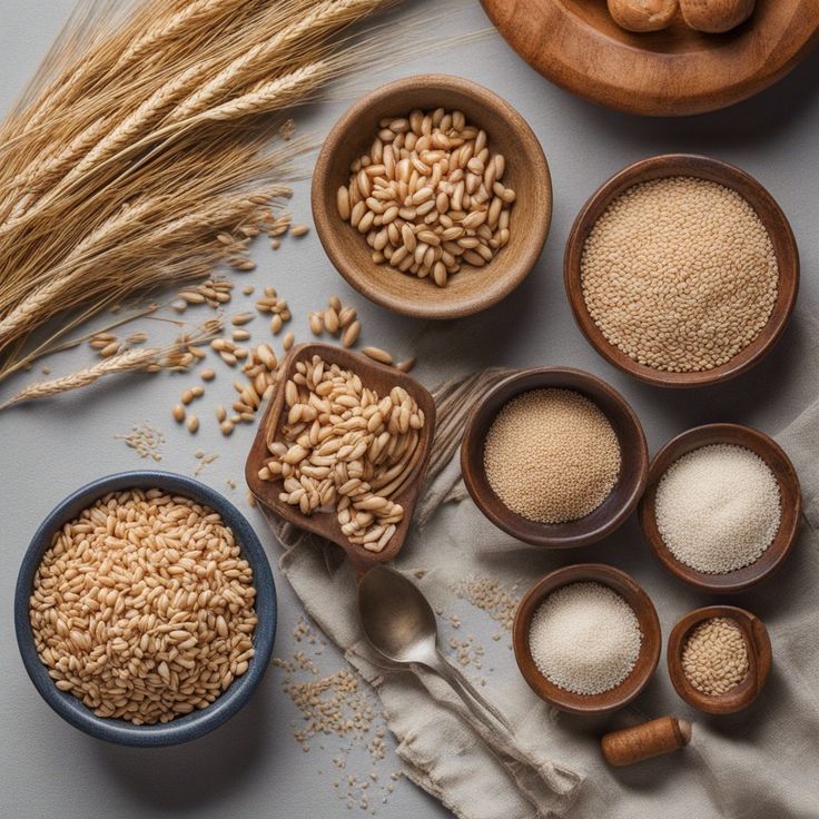 Assorted grains and seeds in bowls, featuring wheat and oats on a light grey background with a cloth and spoon.