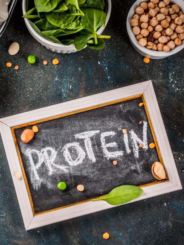 Chalkboard with 'protein' text surrounded by spinach, chickpeas, and lentils for healthy eating concept.