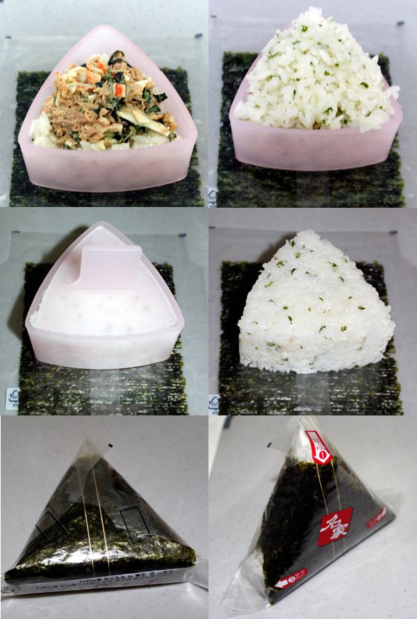 Step-by-step guide to making and wrapping onigiri with seaweed using a mold.
