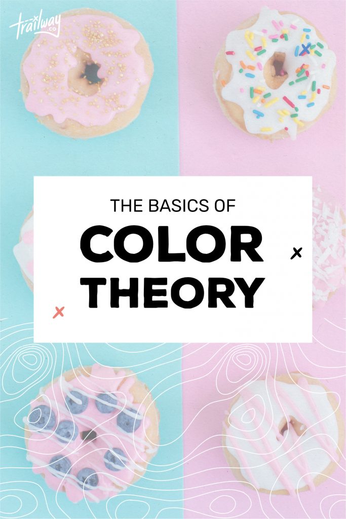 Colorful donuts on pastel squares with text The Basics of Color Theory and decorative line design.