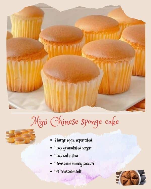 Mini Chinese sponge cakes with recipe ingredients: eggs, sugar, cake flour, baking powder, salt, on beige background.