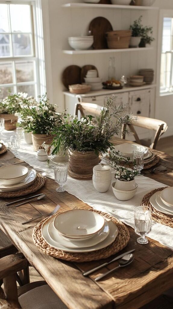 Rustic dining table setting with elegant dishware, woven placemats, and lush greenery centerpiece in a bright room.