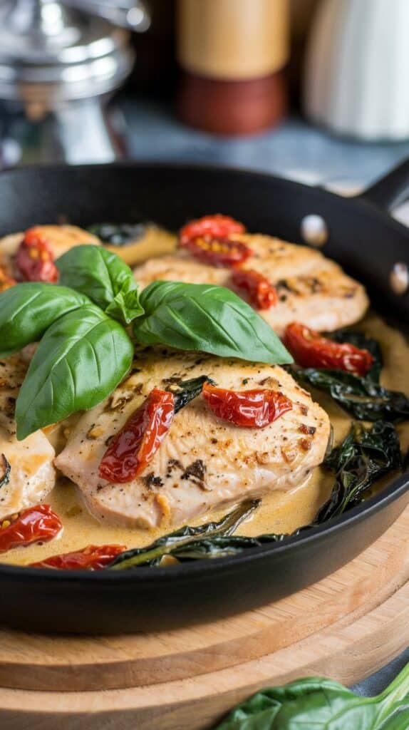 Grilled chicken with fresh basil, sun-dried tomatoes, and sauce in a black skillet.
