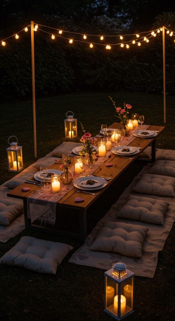 Cozy outdoor dinner setting with string lights and candles on a low wooden table, surrounded by cushions at night.