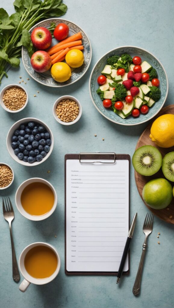 Healthy meal planning with fresh fruits, vegetables, nuts, and juice around a clipboard on a turquoise background.
