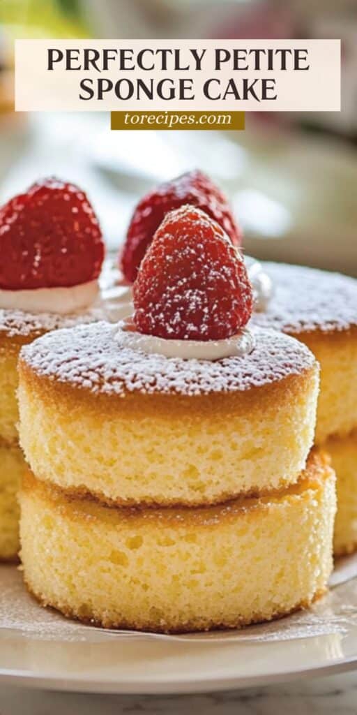 Petite sponge cake topped with strawberries and powdered sugar on a plate. Text: Perfectly Petite Sponge Cake.