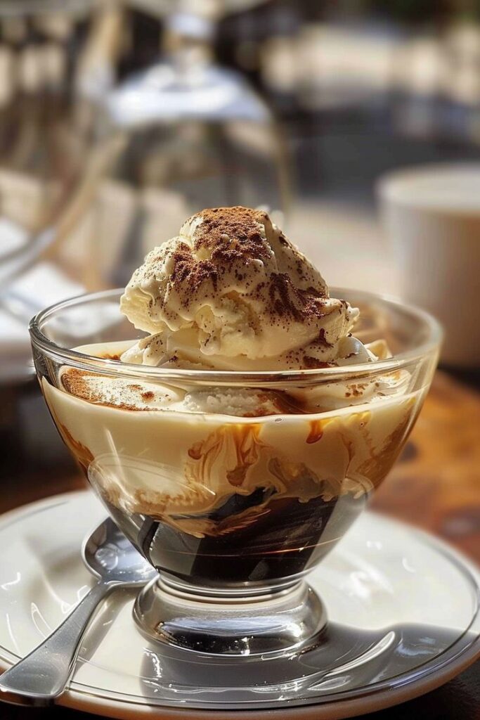 Glass bowl of creamy affogato topped with whipped cream and cocoa on a sunny table setting.