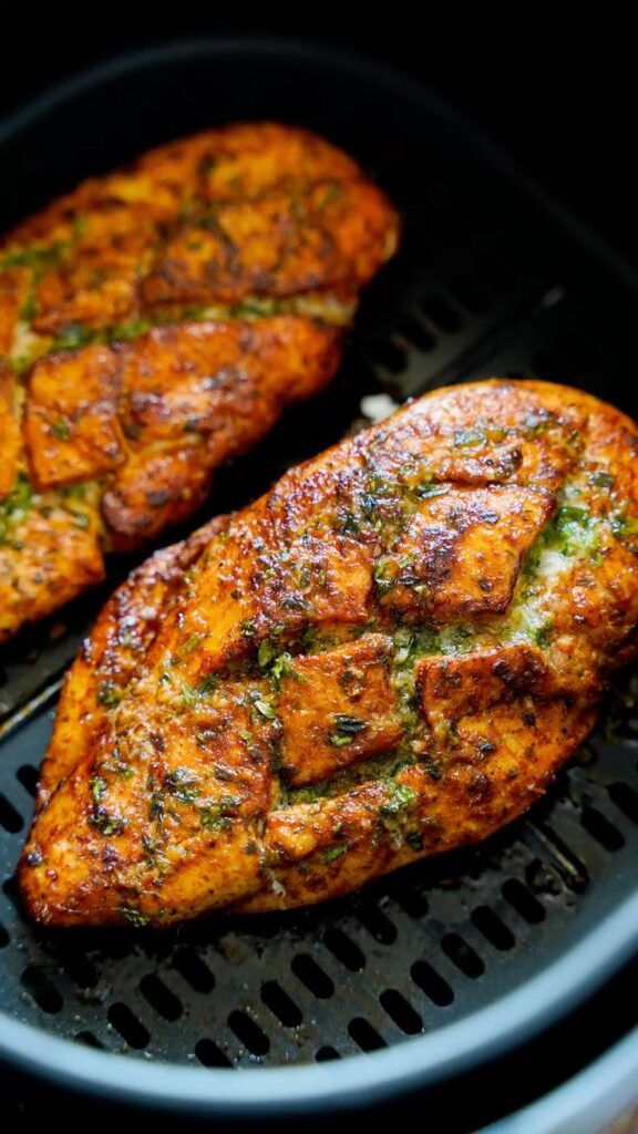Grilled herb-marinated chicken breast in air fryer, perfectly cooked and crispy with spices and herbs.