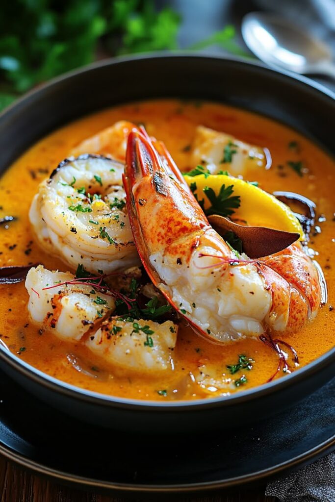 Delicious seafood bisque with shrimp, lobster, and herbs in a rich, creamy broth. Perfect for a gourmet meal.