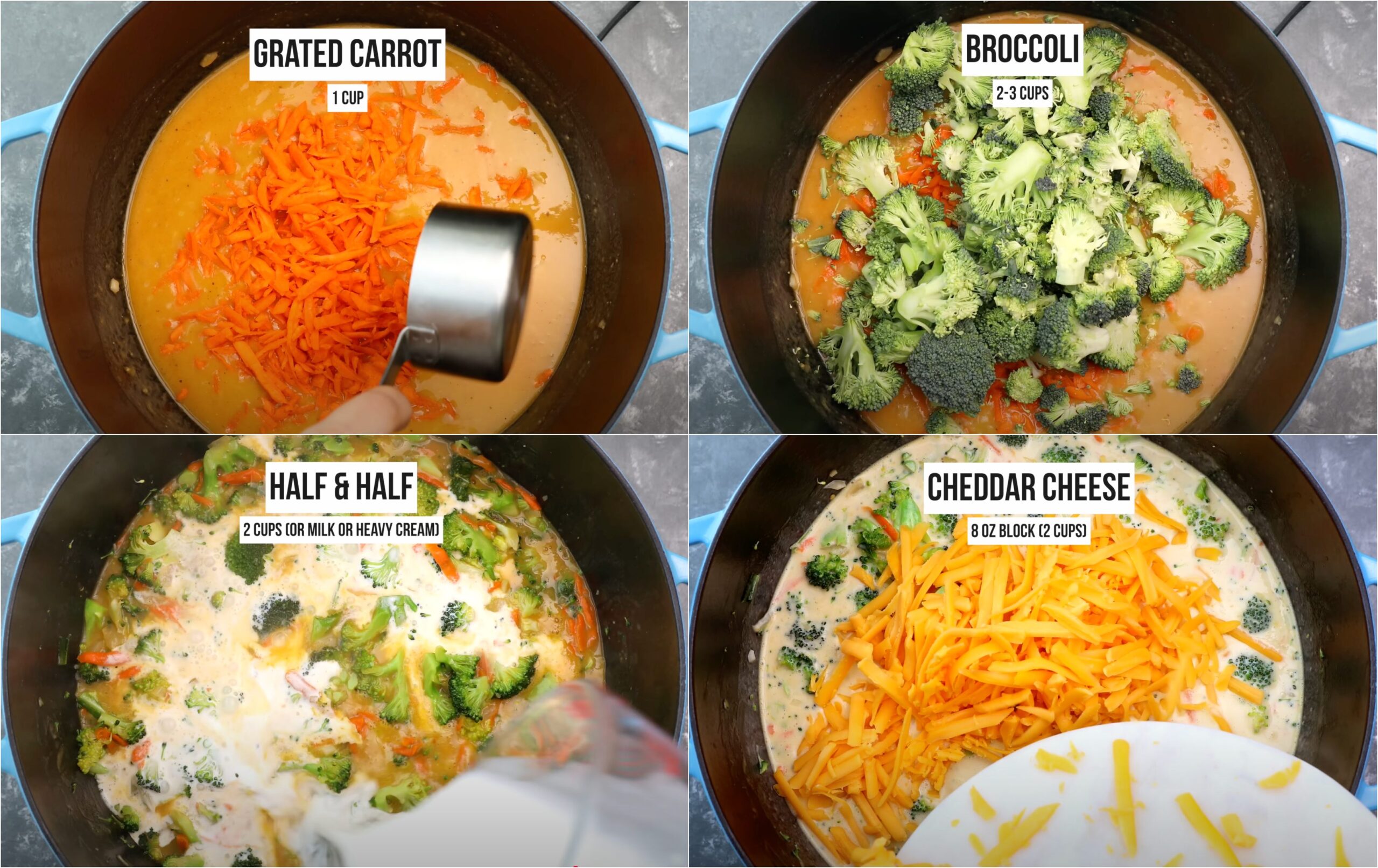 Ingredients for broccoli cheddar soup: grated carrot, broccoli, half & half, and cheddar cheese in a pot.