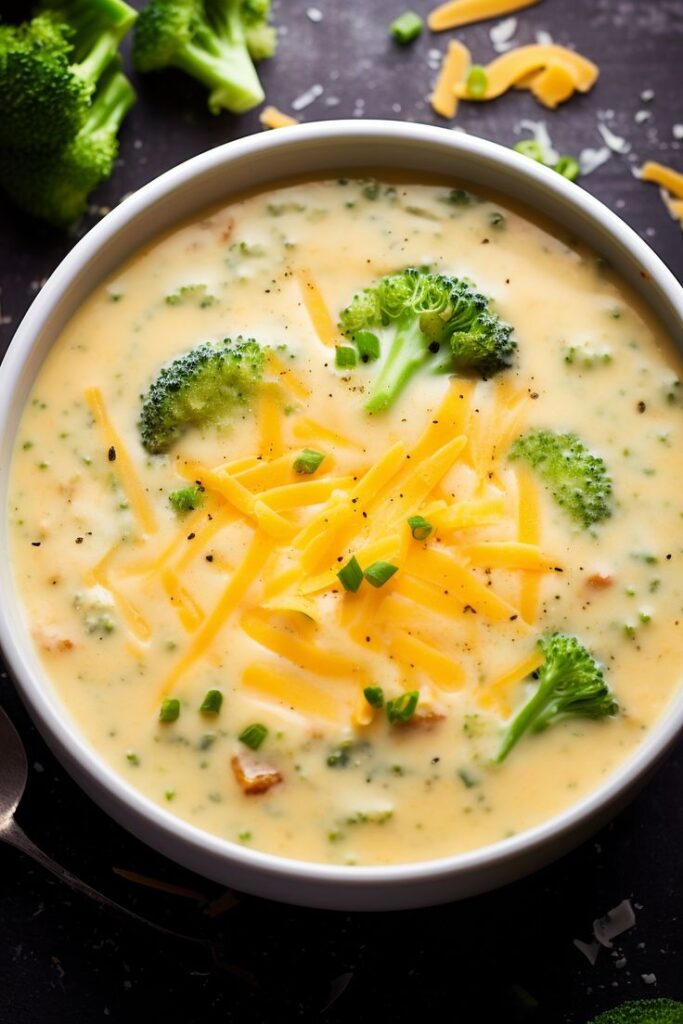 Creamy broccoli cheddar soup topped with fresh broccoli florets and shredded cheese in a white bowl.