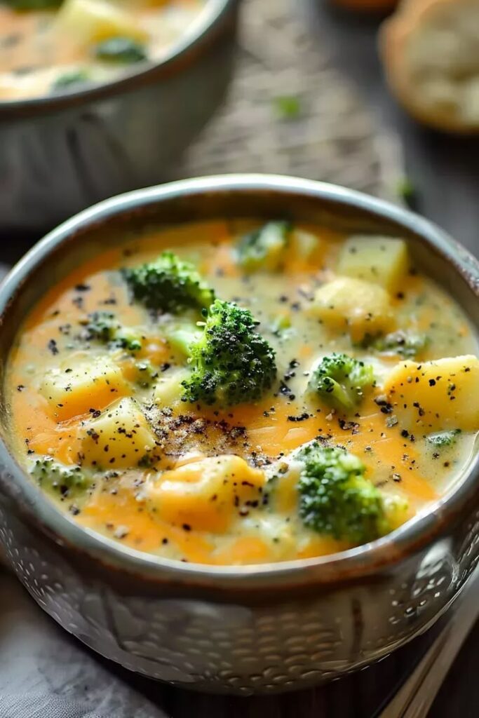 Creamy broccoli and cheese soup with potatoes, garnished with black pepper, served in a rustic bowl.