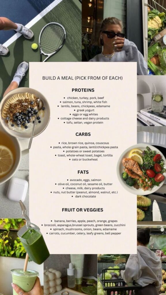 Healthy meal planning guide featuring proteins, carbs, fats, fruits, and veggies with lifestyle and fitness images.