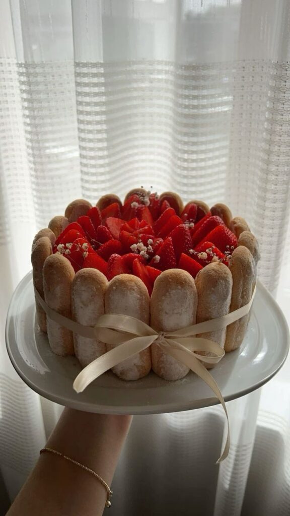 Strawberry charlotte cake adorned with ladyfingers and ribbon, displayed on a plate by a window with sheer curtains.