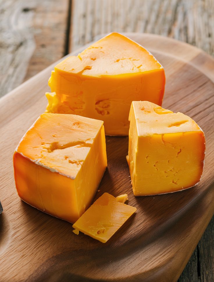 Three wedges of aged cheddar cheese on a wooden board, showcasing their rich, crumbly texture and vibrant color.