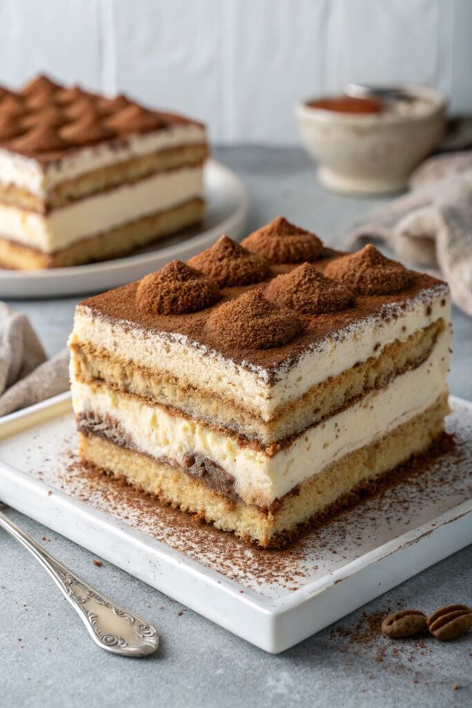 Delicious homemade tiramisu cake with cocoa-dusted layers, served on a white plate.