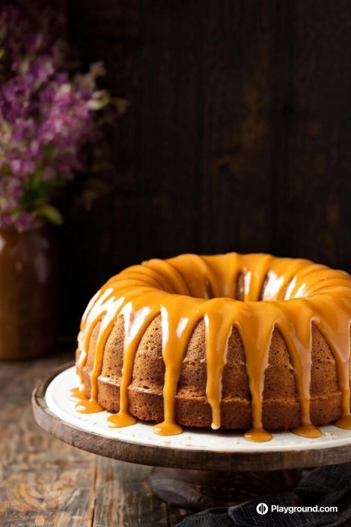 Caramel-drizzled Bundt cake on a wooden stand with background flowers, a perfect dessert centerpiece.