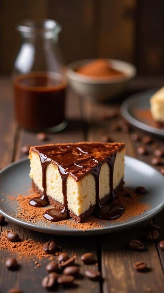 Slice of cheesecake with rich chocolate sauce on a grey plate, surrounded by coffee beans and cocoa powder.