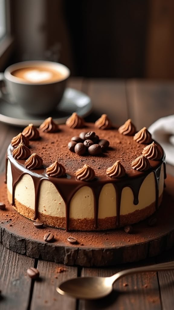 Delicious chocolate cheesecake on rustic board, topped with chocolate ganache, next to a cappuccino and spoon.