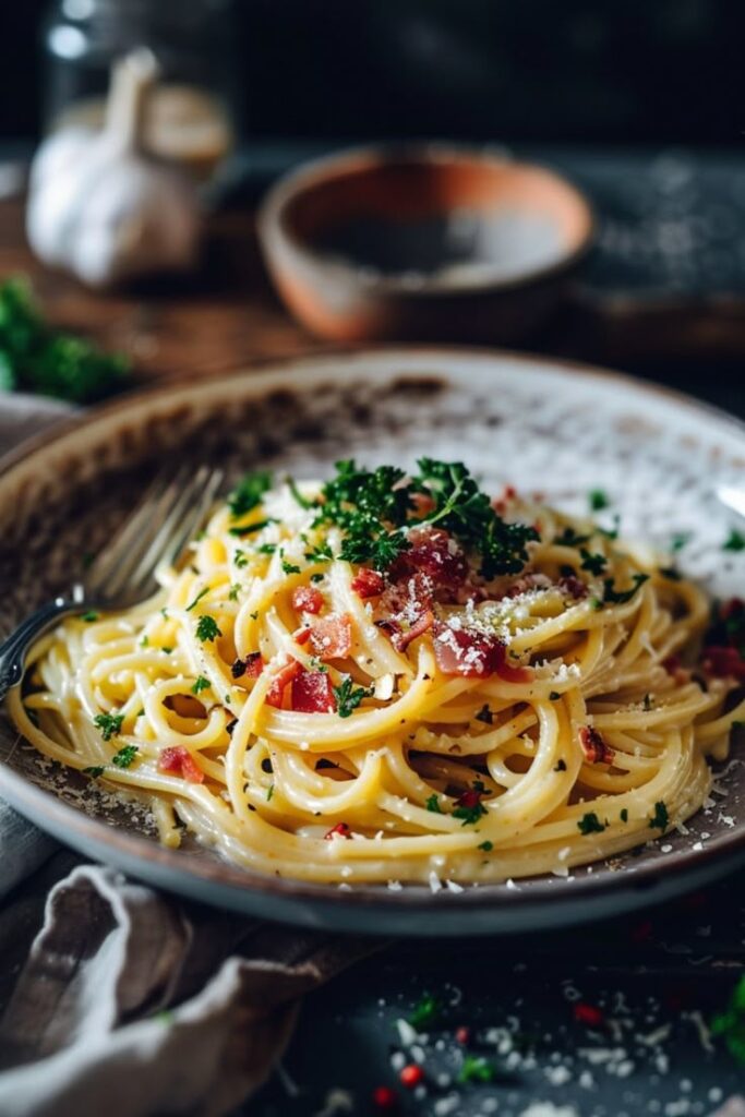 Delicious spaghetti carbonara on a rustic plate, topped with fresh parsley and grated cheese.