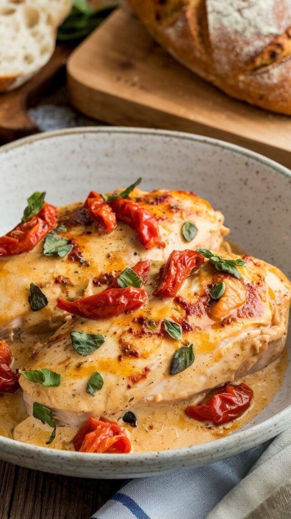 Creamy Tuscan chicken with sun-dried tomatoes and basil in a bowl, next to rustic bread on a wooden board.