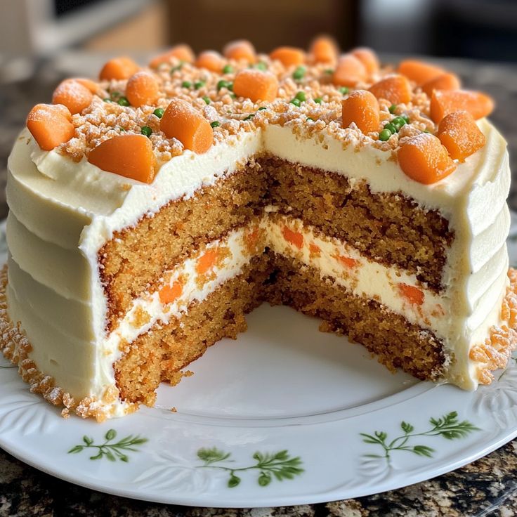 Delicious carrot cake with creamy frosting and apricot topping on a decorative plate.