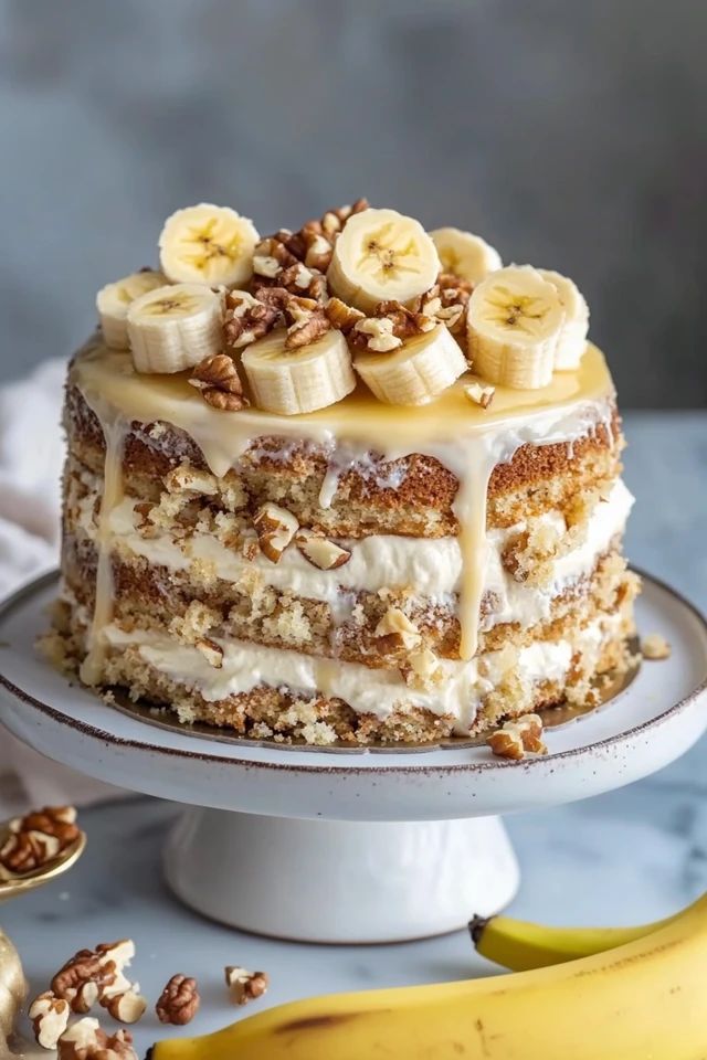 Rustic banana layer cake with cream cheese frosting, topped with fresh banana slices and walnuts.