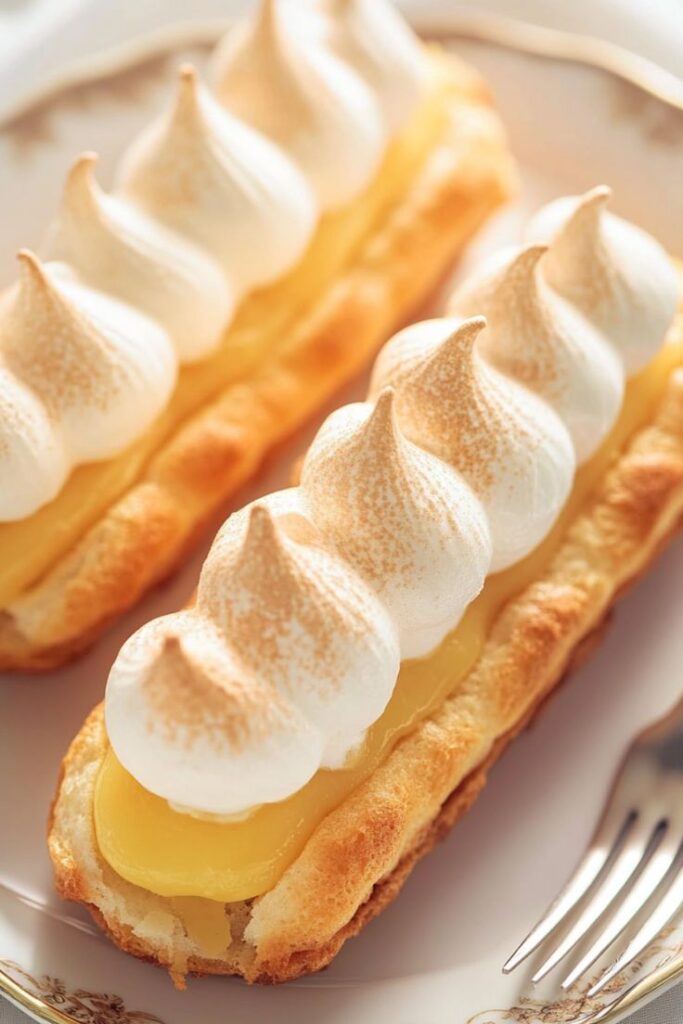 Delicious meringue-topped eclairs filled with lemon cream on a decorative plate, perfect dessert treat.
