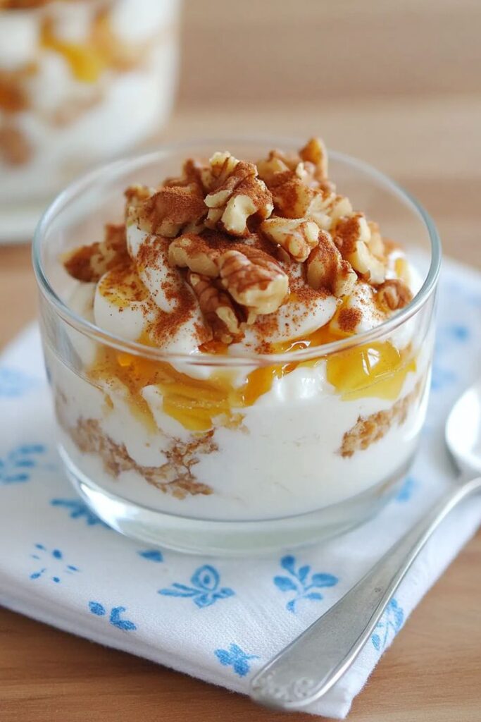 Glass dessert cup with creamy yogurt, honey, walnuts, and cinnamon on a floral napkin, accompanied by a spoon.