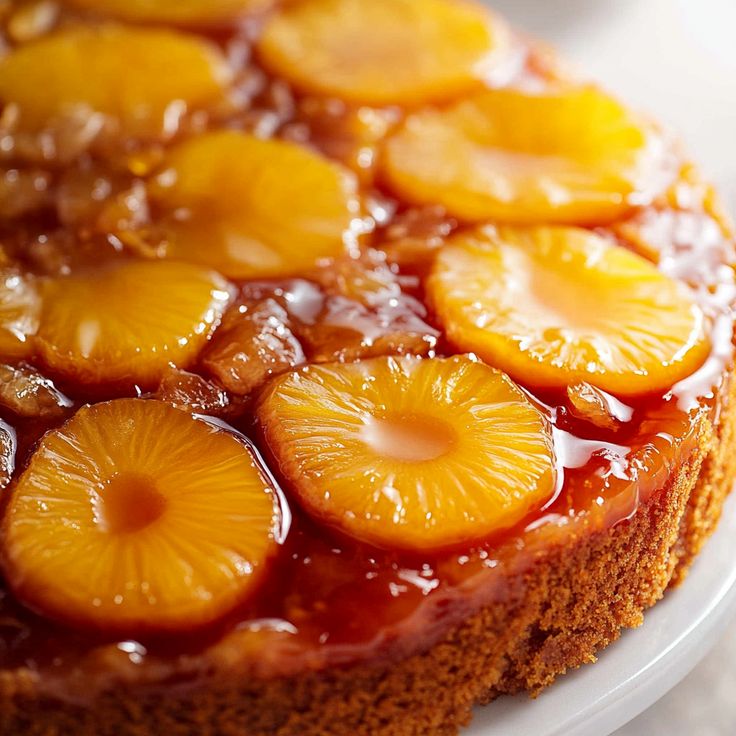 Pineapple upside-down cake with caramelized slices, showing glossy topping and golden-brown edges, served on a white plate.