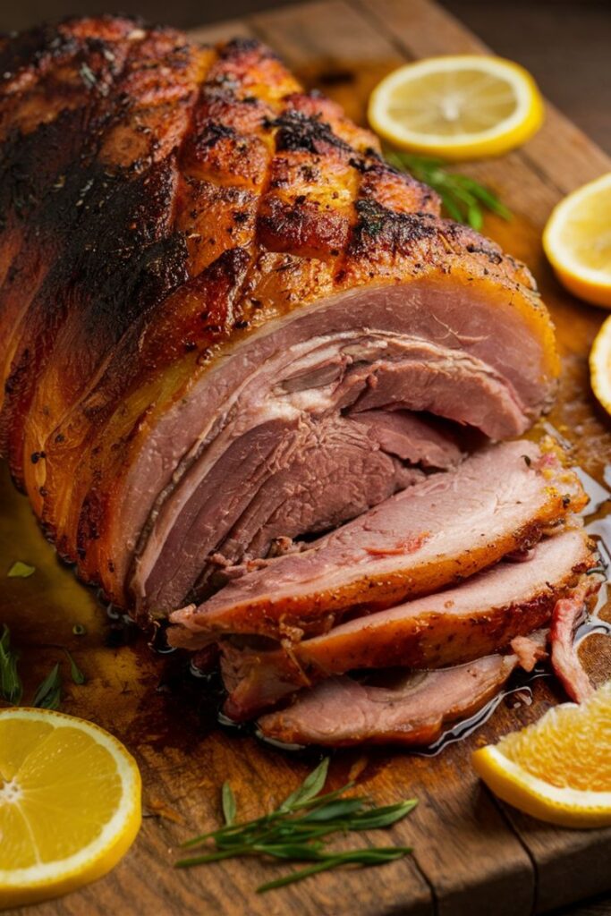 Roast pork with crispy skin, sliced and served with lemon wedges on a wooden board. Perfect for a savory meal.
