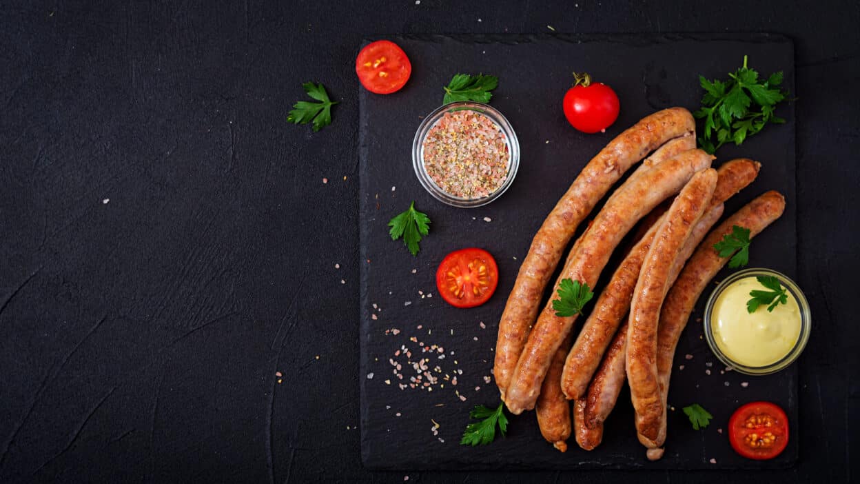 Grilled sausages with cherry tomatoes, seasoning, and sauce on a black slate board, garnished with parsley leaves.