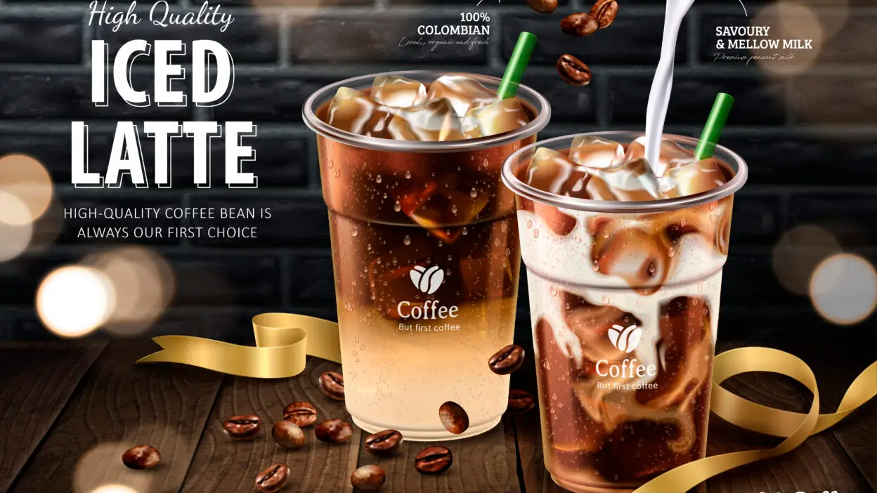 High-quality iced latte with Colombian coffee beans and creamy milk in two cups on wooden table, festive ribbon decor.
