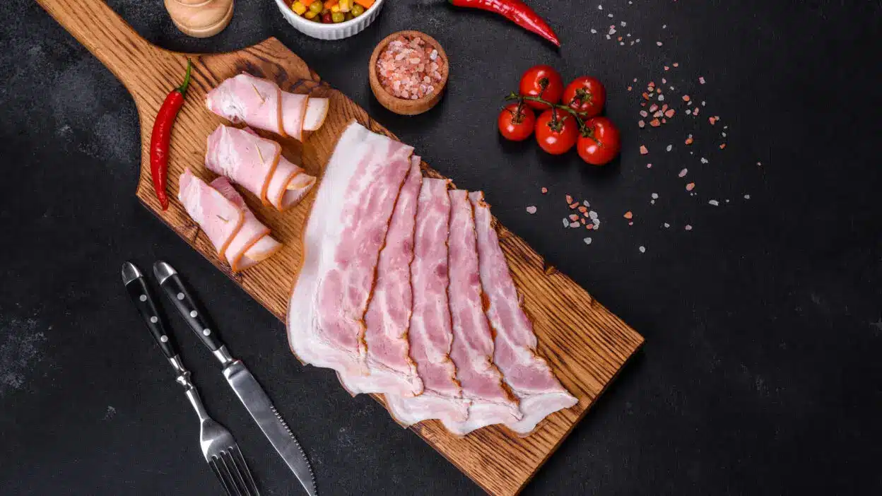 Slices of bacon and ham on a wooden board with cherry tomatoes and chili peppers on a dark background.