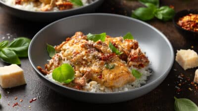 Creamy chicken over rice with sun-dried tomatoes, garnished with fresh basil in a grey bowl.