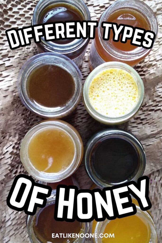 Jars displaying various types of honey on a textured surface; diverse colors and textures visible.