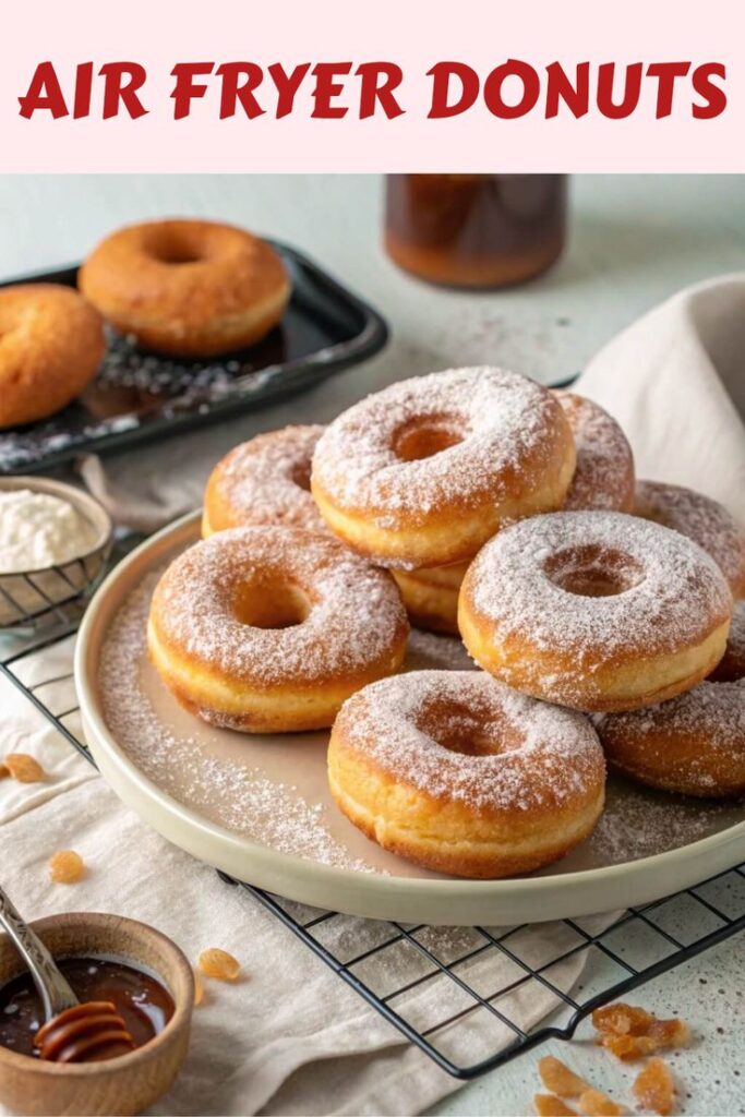 Plate of air fryer donuts dusted with powdered sugar, accompanied by honey and toppings on a cooling rack.