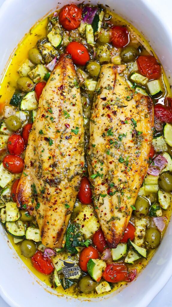 Baked herb chicken with cherry tomatoes, zucchini, and olives in a white dish, garnished with spices.